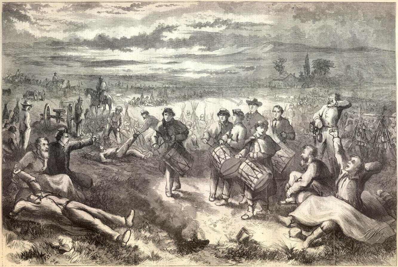 Image from Harper's Weekly, July 1863, of drummer boys keeping up morale and covering the sounds of pain